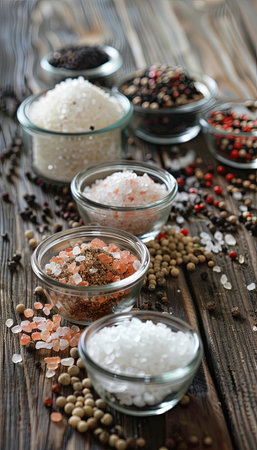 Various types of salt and pepper, including sea salt, pink Himalayan salt, black peppercorns, and white pepper, are arranged in glass jars and bowls on a rustic wooden surface.の素材