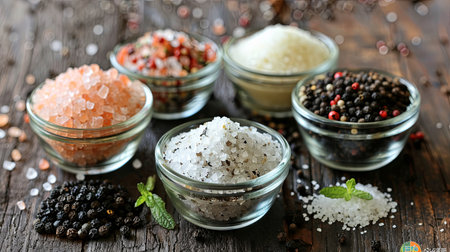 A close-up view of various salts and peppers in glass jars and bowls on a rustic wooden surface.の素材