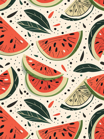 A seamless pattern featuring red watermelon slices with black seeds and green rinds, scattered green leaves, and black and red dots on a light background.の素材