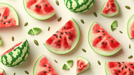 A close-up image of several slices of watermelon, featuring visible seeds and green rinds, all on a light background.の素材