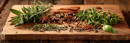 A wooden cutting board filled with fresh rosemary, thyme, basil, and dried spices like cinnamon sticks, star anise, and peppercorns.の素材