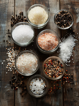A variety of salts and peppers in glass jars and bowls, including sea salt, pink Himalayan salt, black peppercorns, and white pepper, arranged on a rustic wooden background.の素材