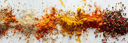 A close-up image of various spices, including turmeric, coriander, paprika, and peppercorns, scattered across a white surface.の素材