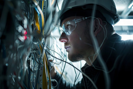 A close-up view of an electrician working on electrical wiring within an open wall cavity.の素材