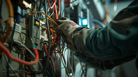 Close-up of an electricians gloved hand working on electrical wiring inside an open wall.の素材