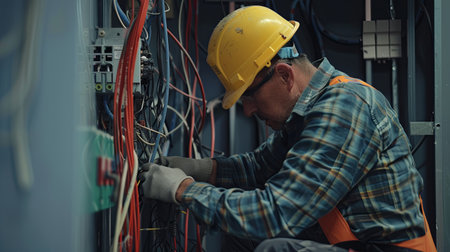 A close-up of an electrician working on wiring inside a wall.の素材