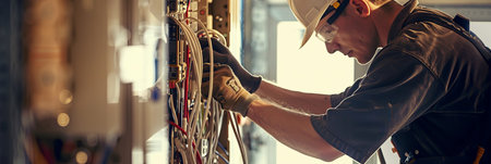 A focused electrician in protective gear works on a complex web of electrical wiring inside an open wall, highlighting the technical and safety aspects of electrical work.の素材