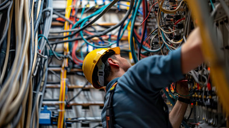An electrician wearing a hard hat works on electrical wiring within an open wall, surrounded by cables and connectors.の素材