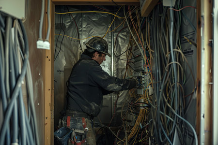 Electrician in safety gear inspects and works on wiring in open wall, wearing a helmet for protection.の素材
