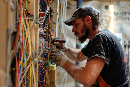 An electrician wearing safety gloves works on a wall, connecting electrical wiring and cables.の素材