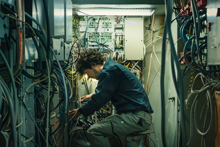 An electrician navigates the cables and connectors inside an open wall, highlighting the technical and safety challenges of electrical work.の素材