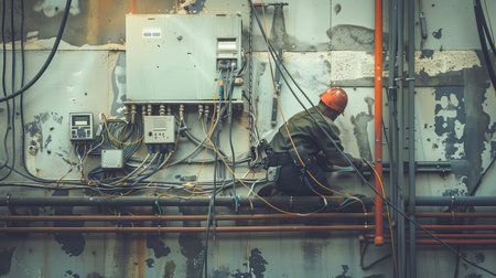 An electrician in safety gear works on wiring in an open wall with exposed cables, connectors, and tools.の素材