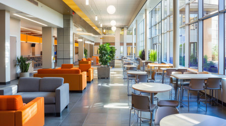 A bright and spacious student lounge with dining tables and comfortable seating, ideal for studying, socializing, and relaxing.の素材