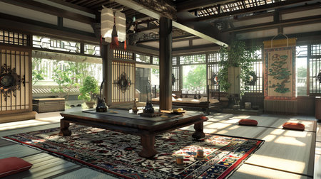 A traditional Chinese tea house with an array of furniture, including tatami mats and carpets, creates a serene and peaceful atmosphere for people to relax and enjoy tea.の素材