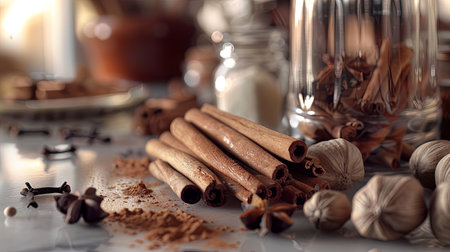 Close-up of baking spices, including cinnamon sticks, nutmeg, cloves, and vanilla pods, arranged on a kitchen countertop.の素材