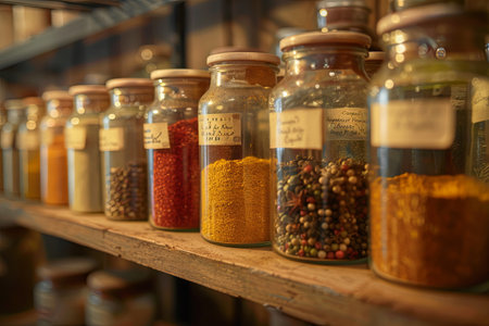A close-up of a wooden shelf with glass jars filled with various spices. The jars are neatly arranged and labeled with names like paprika, turmeric, cumin, and oregano.の素材