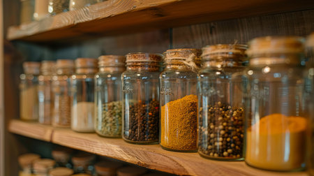 A close-up view of glass jars filled with various spices, neatly arranged on a wooden shelf. The jars have labels with names like paprika, turmeric, cumin, and oregano.の素材