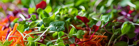 A close-up shot showcasing a vibrant salad filled with fresh microgreens in a variety of colors, textures, and flavors.の素材