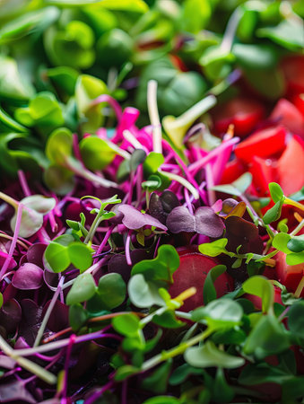 A macro photo of a colorful salad with an assortment of microgreens, showing vibrant greens, reds, and purples.の素材