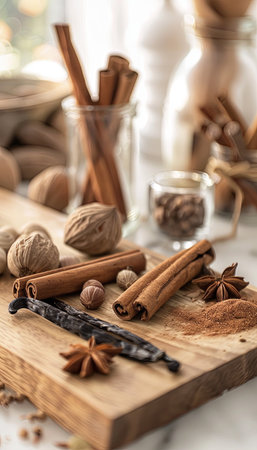 A close-up image of baking spices, including cinnamon sticks, nutmeg, cloves, and vanilla beans, arranged on a kitchen countertop.の素材