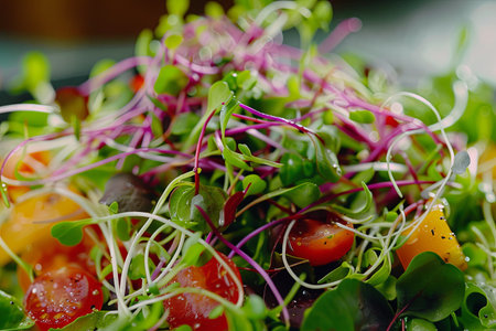 A close-up shot of a vibrant salad with a mix of red, green, and purple microgreens. The salad appears fresh and full of flavor.の素材
