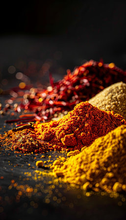 A close-up view of saffron, curry powder, and annatto spices arranged on a dark surface.の素材