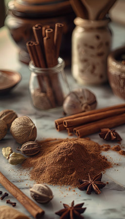 A close-up image of a countertop with various baking spices, including cinnamon sticks, nutmeg, cloves, vanilla pods, and a pile of ground cinnamon.の素材
