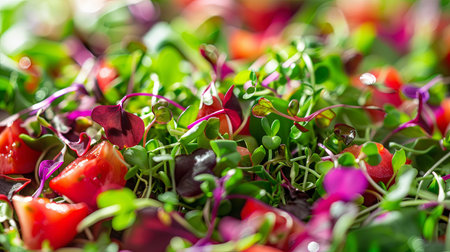 A close-up view of a vibrant salad featuring an assortment of microgreens in various colors, including green, red, and purple.の素材
