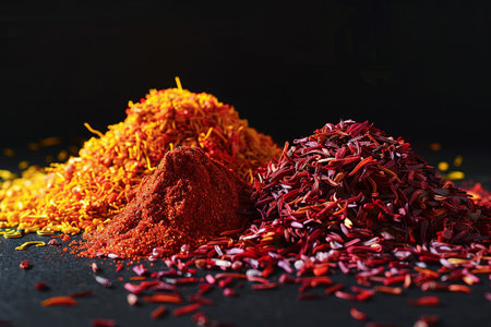 Saffron, curry powder, and annatto spices arranged on a dark surface.の素材