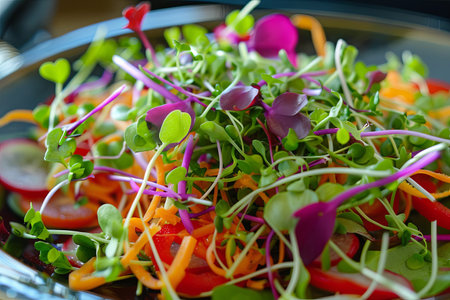A close-up view of a salad featuring a variety of fresh microgreens with vibrant green, red, and purple hues.の素材