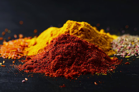 A close-up photo of saffron, curry powder, and annatto spices arranged on a black background.の素材