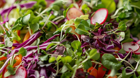 A close-up image of a vibrant salad featuring colorful microgreens, red cabbage, and radish slices.の素材
