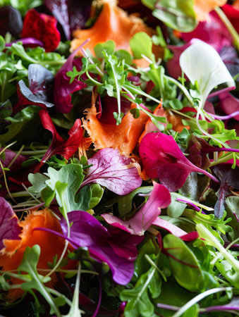 Close-up of a vibrant salad featuring a mix of colorful microgreens, including red, purple, and green varieties.の素材