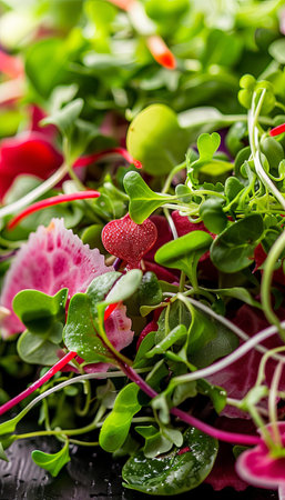 A vibrant and colorful close-up shot of a fresh salad, featuring a variety of microgreens.の素材