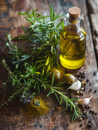 A close-up shot of a rustic wooden table with fresh rosemary, thyme, and oregano sprigs arranged around a bottle of olive oil.の素材
