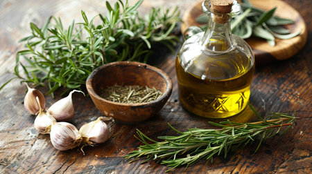 A rustic wooden table with fresh rosemary, thyme, oregano, garlic, and a bottle of olive oil.の素材