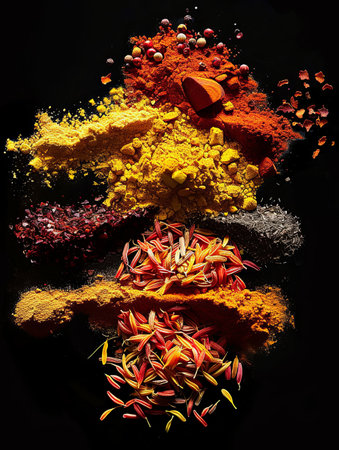 A captivating image showing a variety of bright, exotic spices, including saffron, curry powder, and annatto, arranged on a black background.の素材