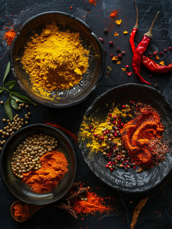 A collection of exotic spices and herbs, including saffron, curry powder, and annatto, arranged on a black background.の素材