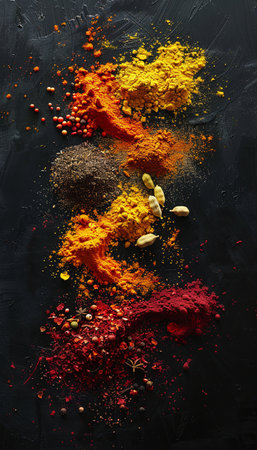 A colorful assortment of bright spices, including saffron, curry powder, and annatto, are arranged on a black background.の素材