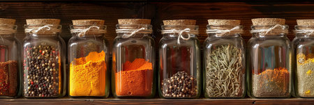 A close-up image of various spices neatly arranged in glass jars on a wooden shelf. The jars are labeled with names like paprika, turmeric, cumin, and oregano.の素材