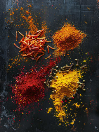 A collection of exotic spices, including saffron, curry powder, and annatto, arranged on a black surface.の素材