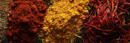 A close-up image of vibrant spices such as saffron, curry powder, and annatto arranged on a black background.の素材