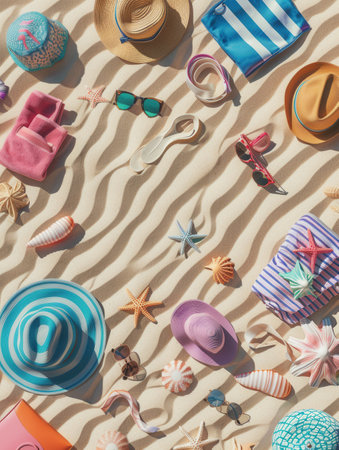 A variety of colorful beach accessories like hats, sunglasses, towels, and beach bags are arranged on a sandy beach.の素材