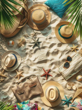 A beach scene with sun hats, sunglasses, towels, and beach bags arranged on a sandy shore.の素材