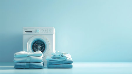 A white washing machine sits in front of a light blue wall with two neatly stacked piles of freshly laundered clothes in front of it.の素材