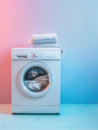 A white washing machine sits against a wall painted in pink and blue. A pile of neatly folded clean laundry sits on top of the machine.の素材