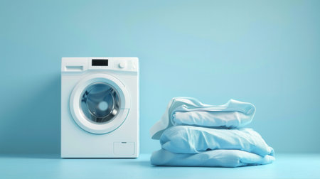A stack of clean, neatly folded laundry sits next to a white washing machine on a blue surface.の素材