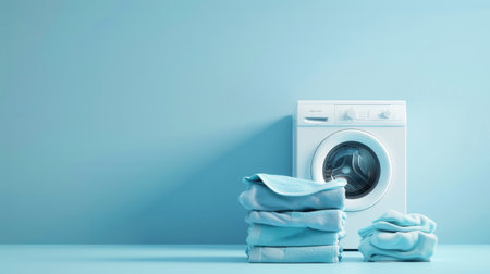 A white washing machine with a glass door and a stack of neatly folded clean laundry sitting on a blue surface against a blue wall.の素材