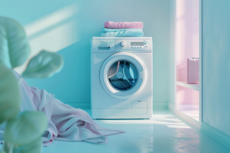 A white washing machine sits in a bright bathroom with folded laundry on top.の素材