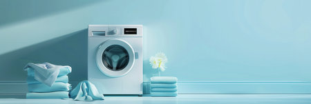 A white washing machine with a digital display sits in a light blue room, next to a stack of neatly folded clean laundry.の素材